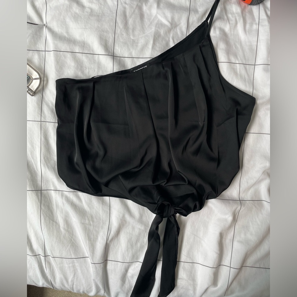 Express black tie-waist satin one shoulder top